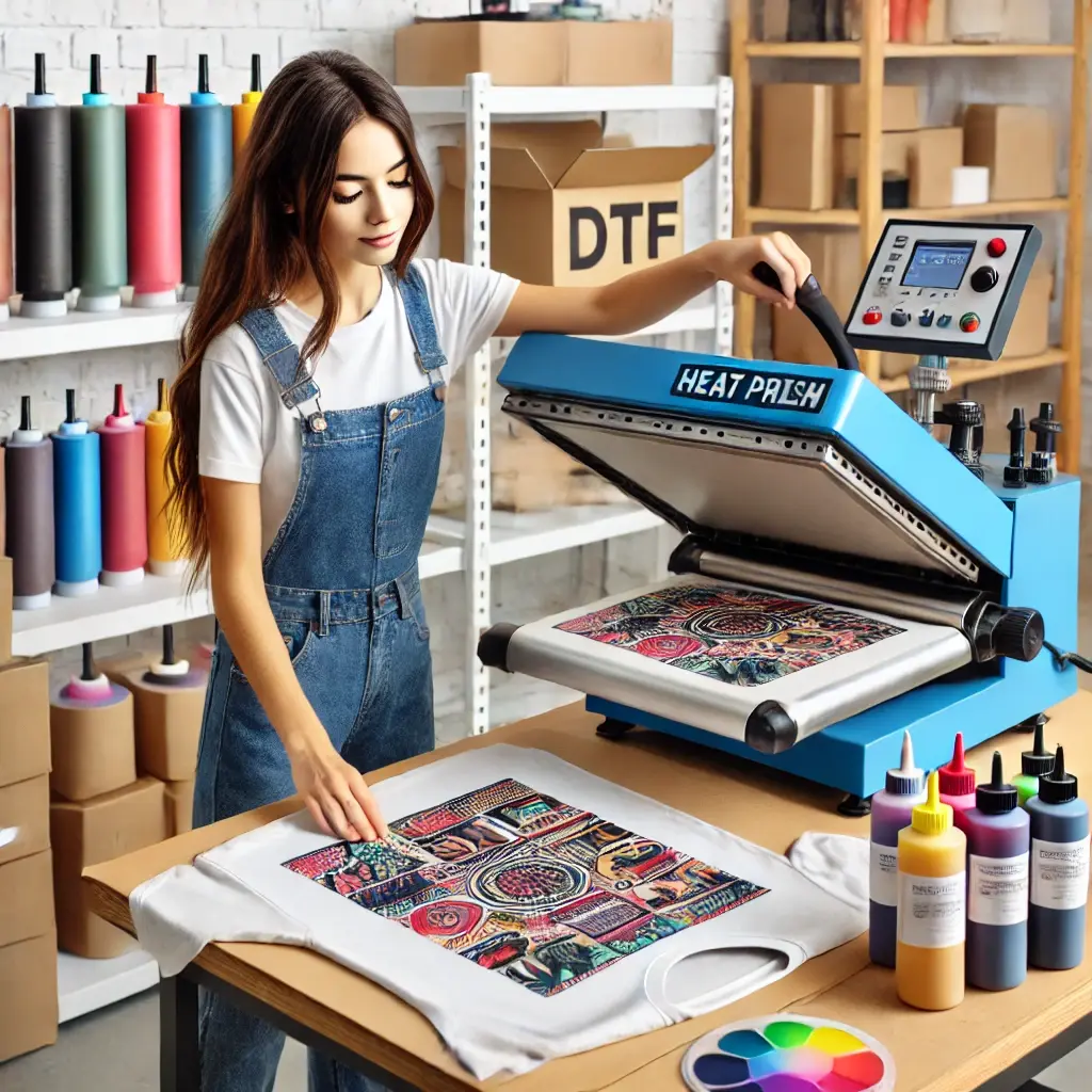 DALL·E 2024-11-08 21.28.34 - A young woman operating a heat press machine for DTF (Direct-to-Film) printing. She is carefully placing a colorful printed film onto a T-shirt under.webp