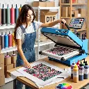 DALL·E 2024-11-08 21.28.34 - A young woman operating a heat press machine for DTF (Direct-to-Film) printing. She is carefully placing a colorful printed film onto a T-shirt under.webp